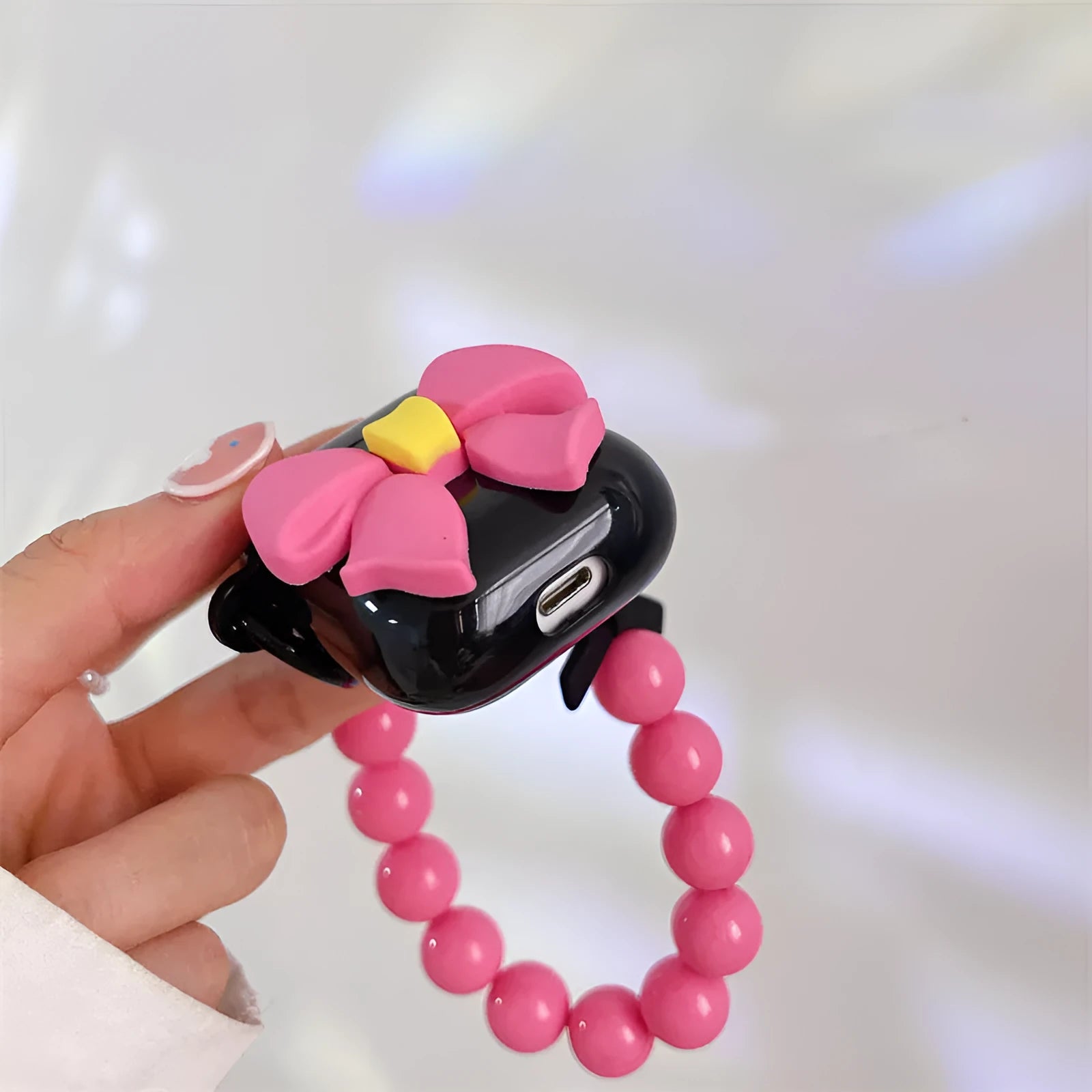 Black double ear bow knot TPU protective case for AirPods with chain clamshell design