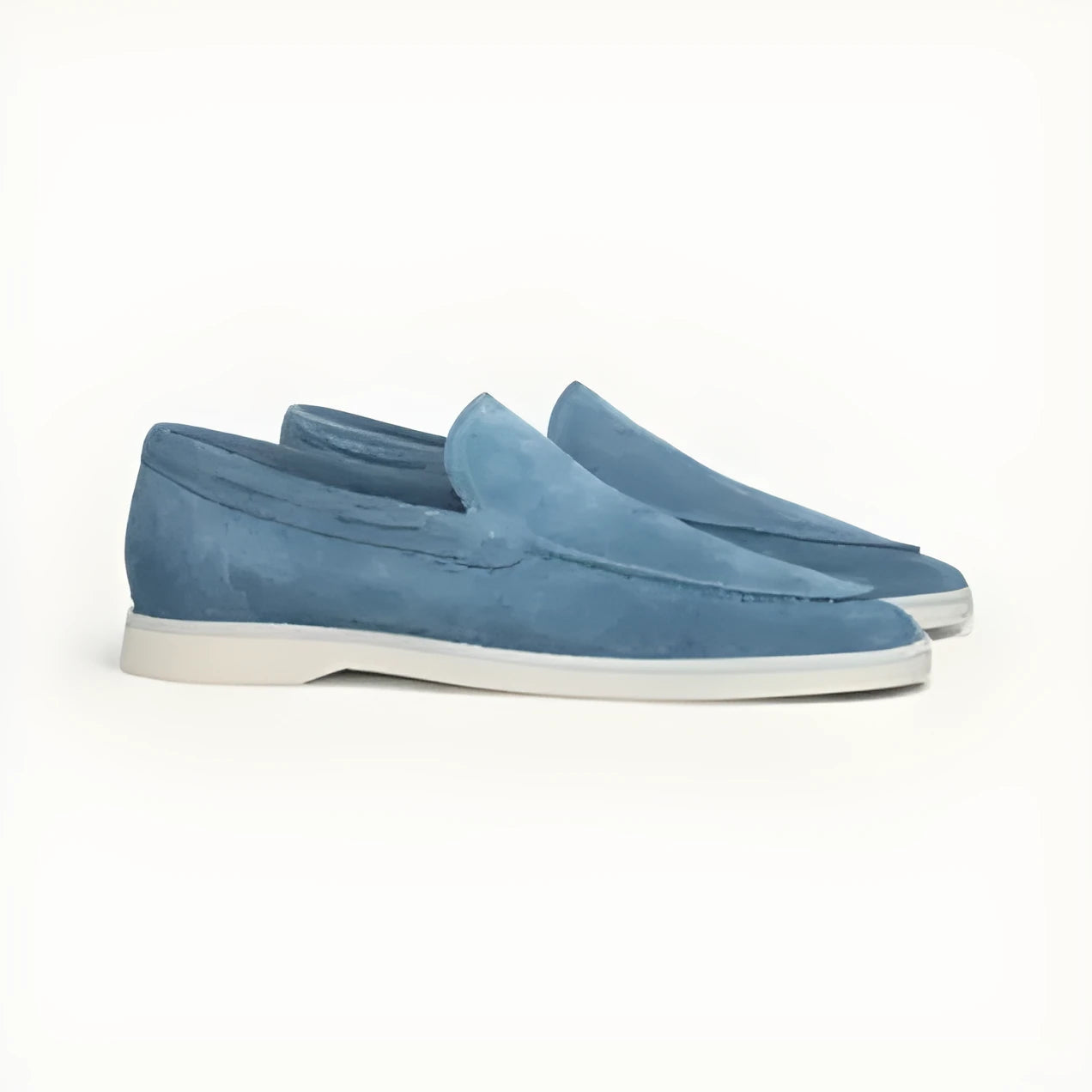 Men's matte suede flat shoes in sky blue with rubber sole and round toe