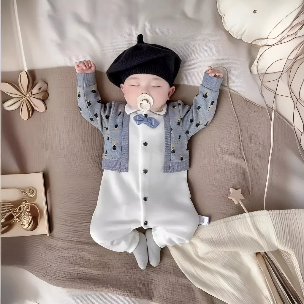 Baby romper spring autumn cotton jumpsuit cardigan fake two pieces long sleeve climbing style suitable height 66cm 73cm 80cm 90cm