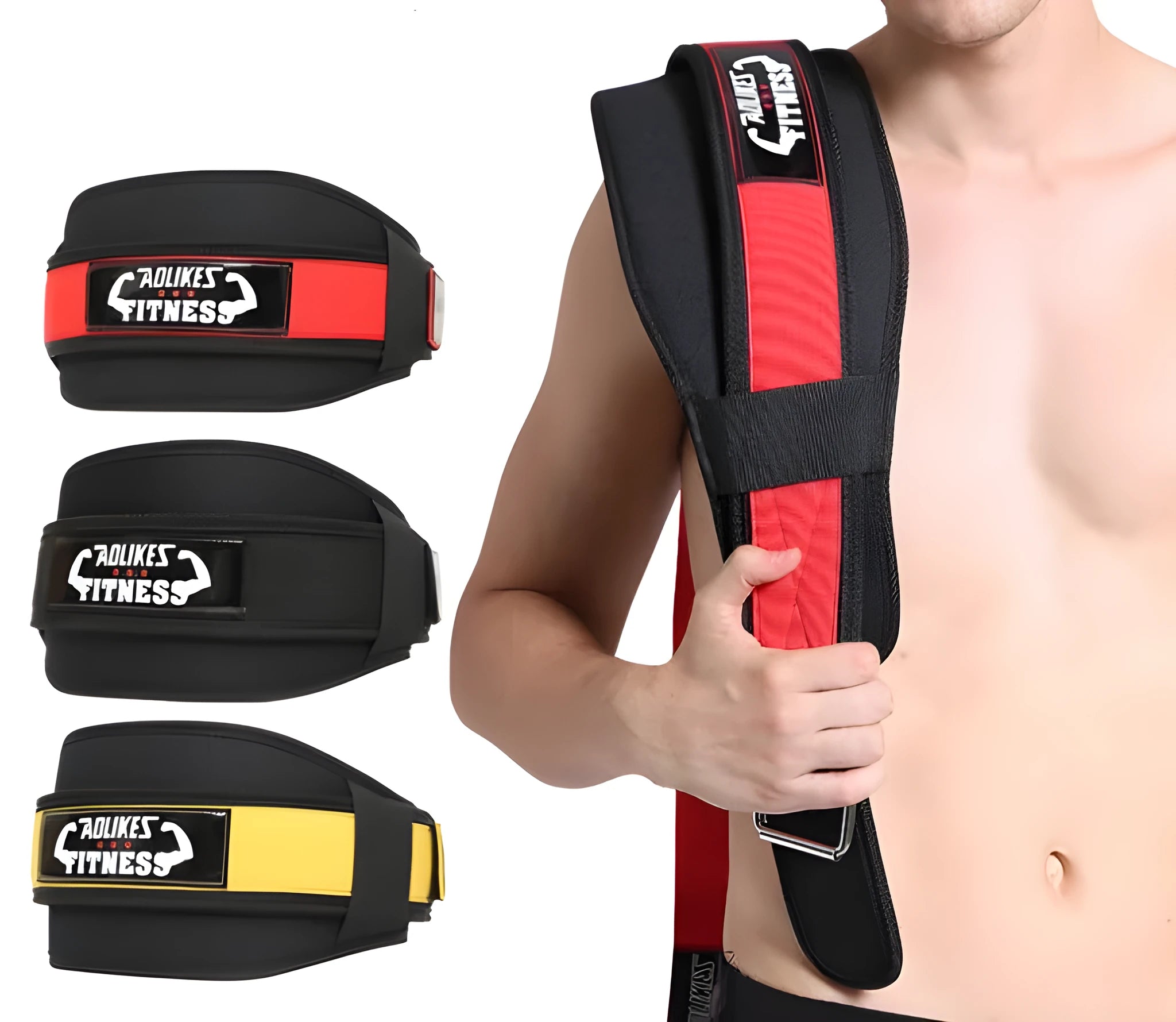 Black nylon fitness weightlifting waistband shown on adult size mannequin.