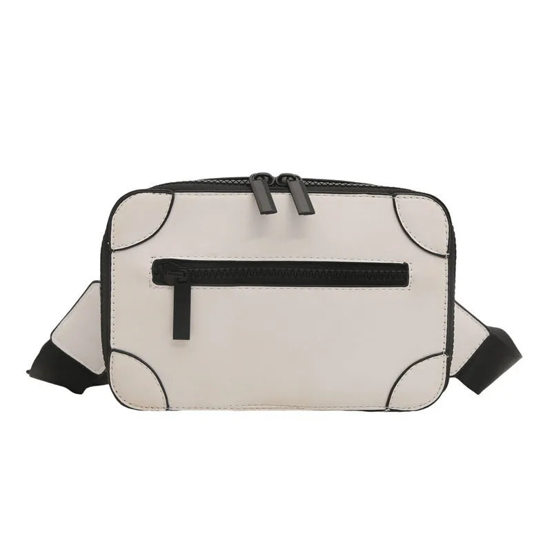 A small, square, structured crossbody bag in a choice of colours, showing its horizontal shape and sewing line detailing.