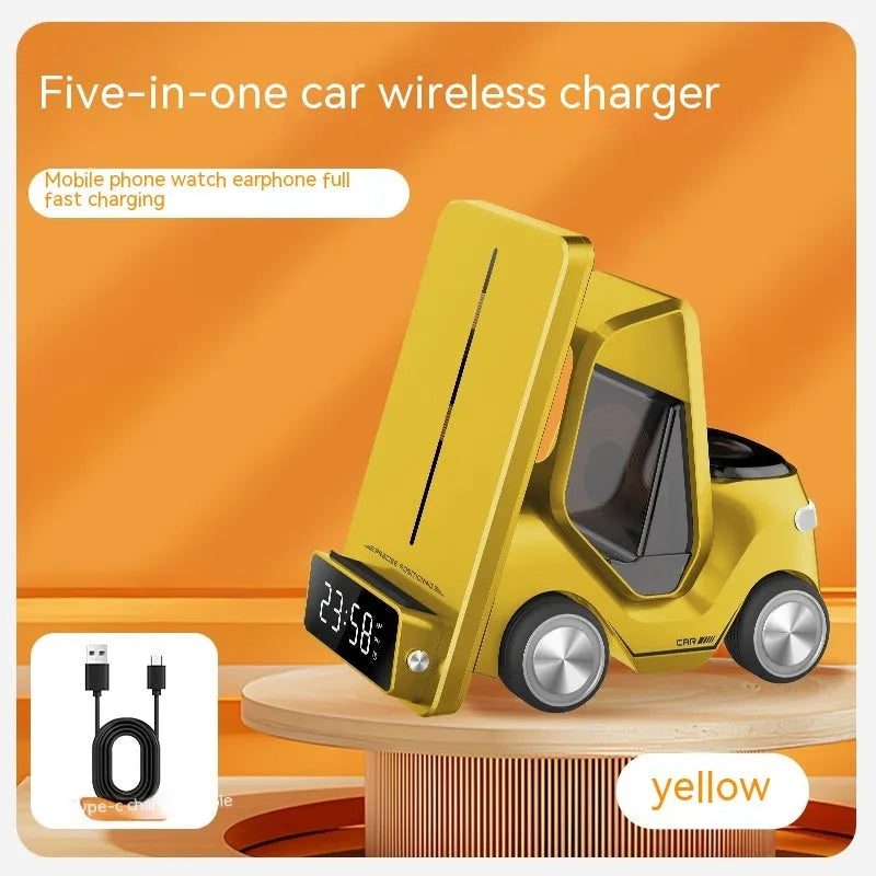 Grey 3-in-1 wireless charging stand holding a phone, smartwatch, and earbuds case at an angle.