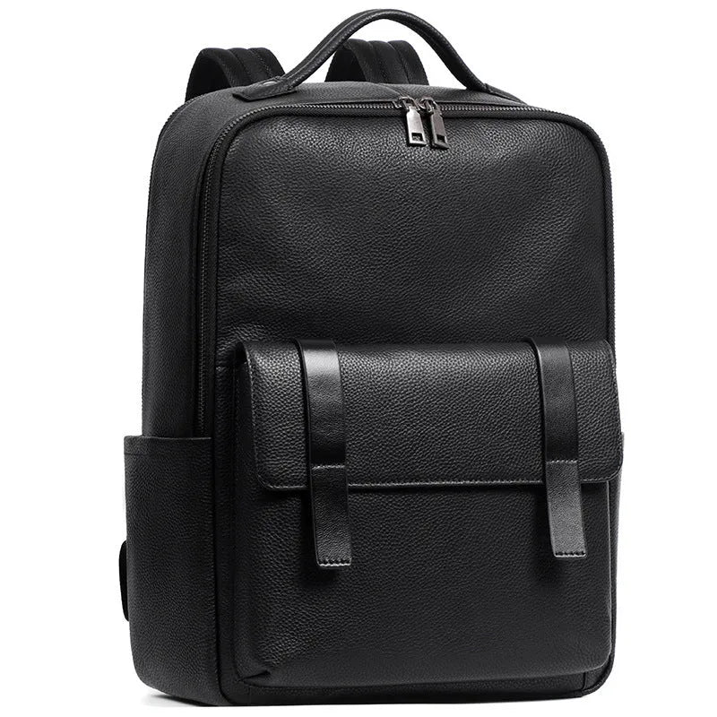 Men's black leather computer backpack with woven design and large capacity