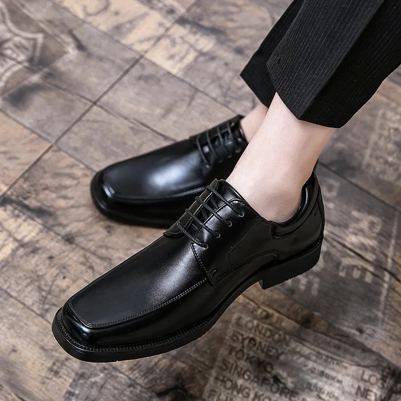 Men's black square toe business casual leather shoes with low-top design and rubber soles