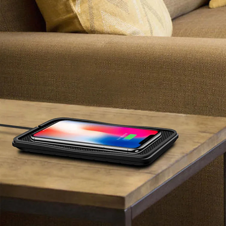 Black anti-slip car wireless charger pad compatible with Apple and Samsung phones