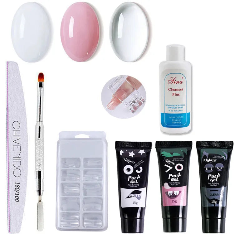 Nail crystal extender set with 3 gel polishes, brush, file, clamp, 30ml rinse and 100 nails