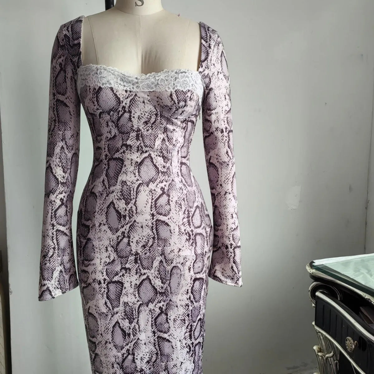 Grey digital printed A-line dress with 3D pattern and long sleeves