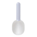 Blue plastic pet food scoop with ergonomic handle and bag clip on a white background