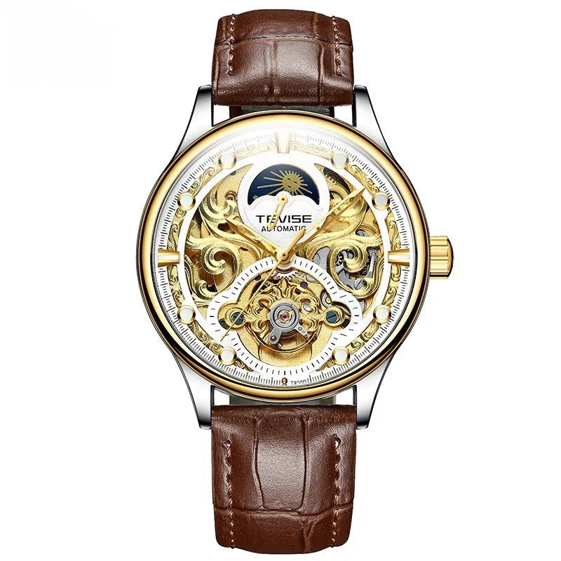 Men's automatic waterproof mechanical watch with leather strap and stainless steel case
