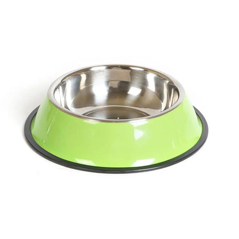 Stainless steel pet bowl with colourful melamine exterior and non-slip rubber base in multiple size options