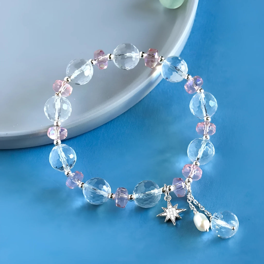White crystal bracelet with Lucky Cat pendant, diamond shape beads, electroplated finish, Korean style women's jewellery