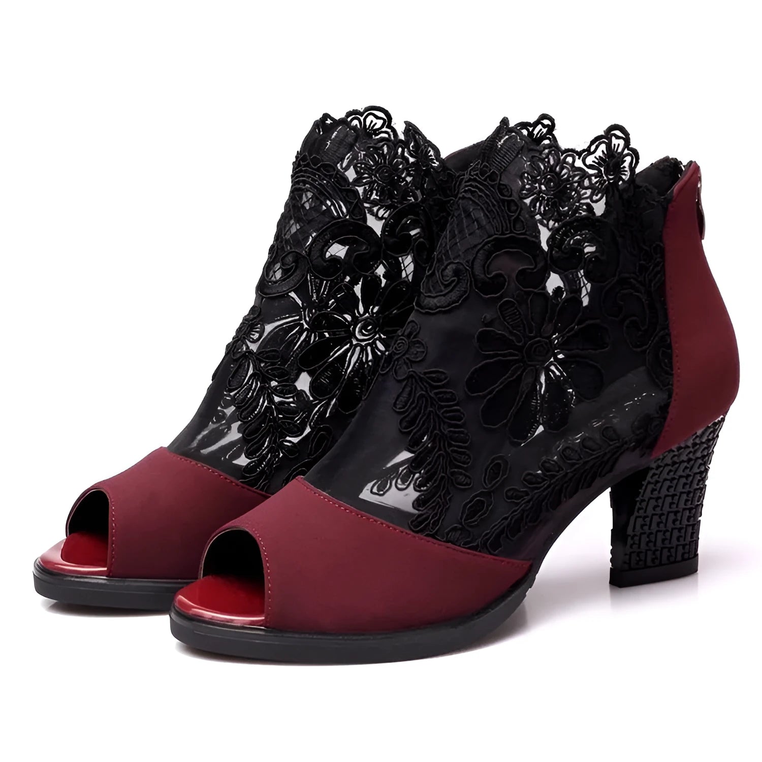Women's black lace gladiator sandals with square heels and floral patterns, showing zip closure and peep toe design