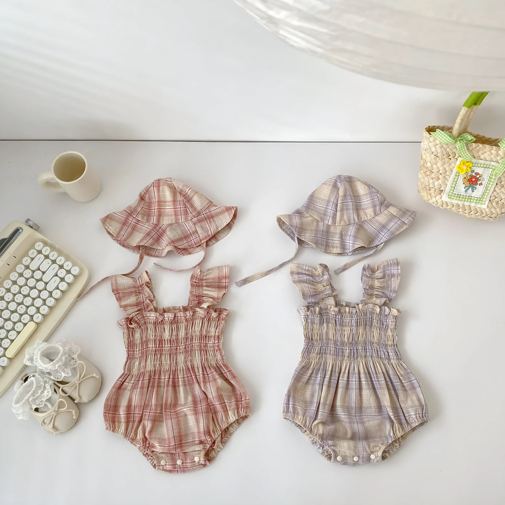 Baby girl plaid cotton onesie in purple or pink with free hat, thin summer triangle jumpsuit, sizes 66cm to 90cm