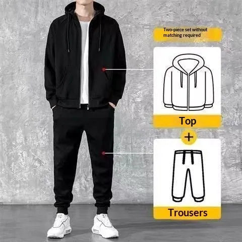 Men's loose zip-up hoodie and jogger set in black or grey cotton, sizes M to 4XL, 400g, spring casual outfit.