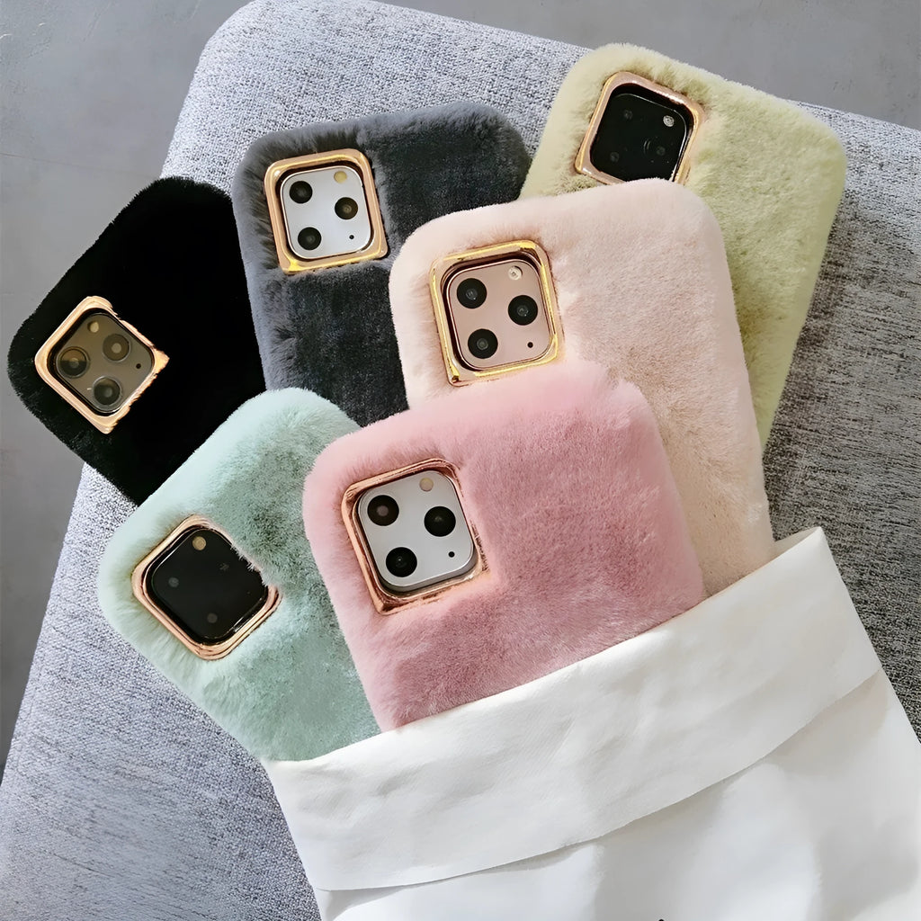 Rabbit plush iPhone case with silicone shell in apricot colour showing raised camera protection