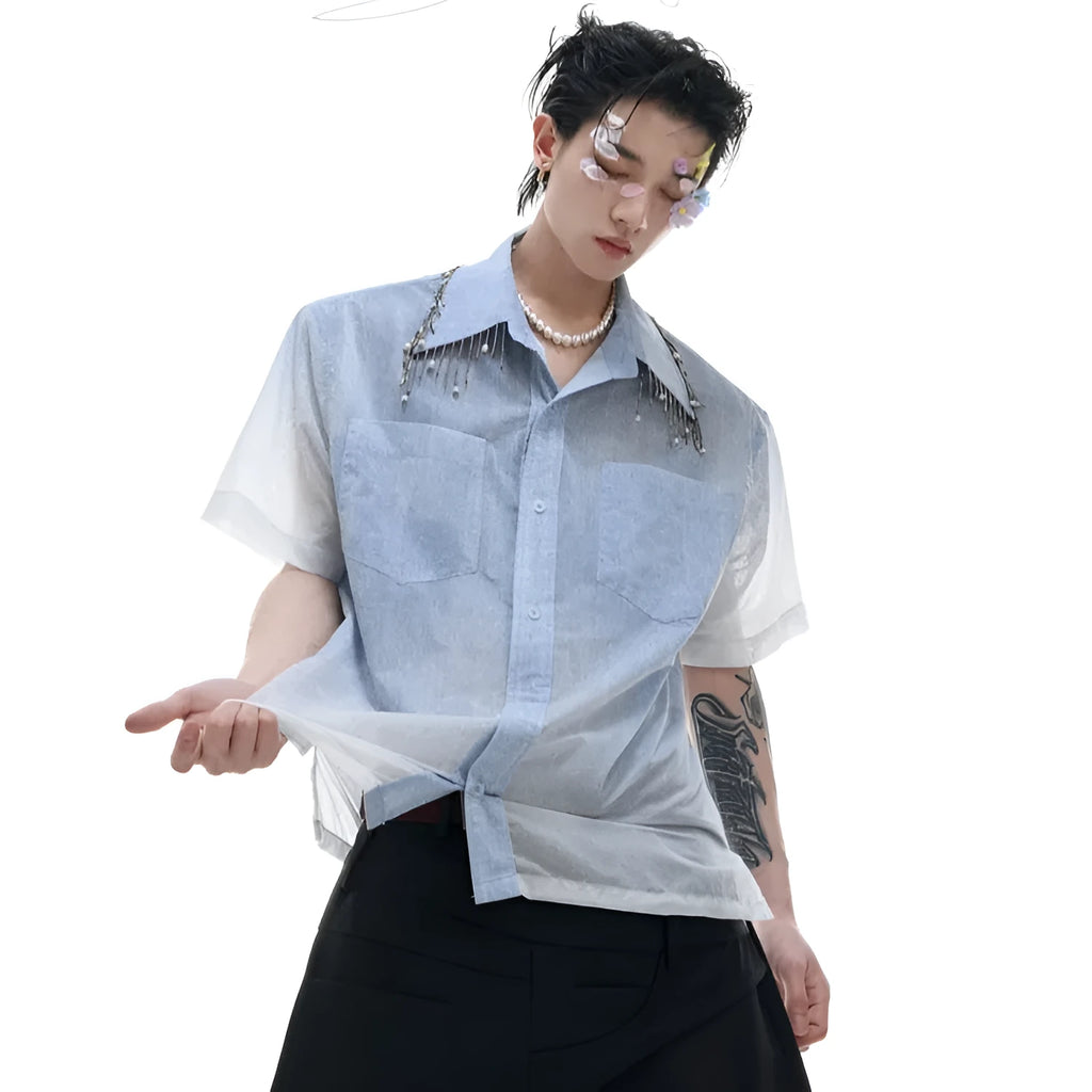 Blue and white gradient loose fit short sleeve casual shirt on a hanger.