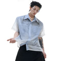 Blue and white gradient loose fit short sleeve casual shirt on a hanger.