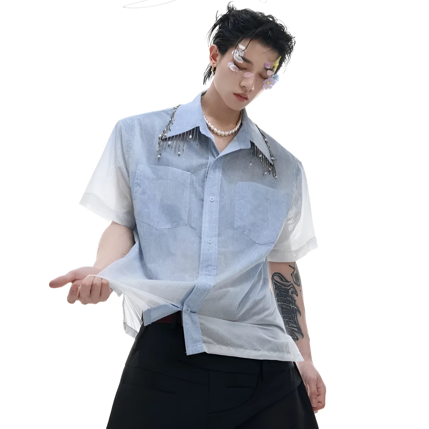 Blue and white gradient loose fit short sleeve casual shirt on a hanger.