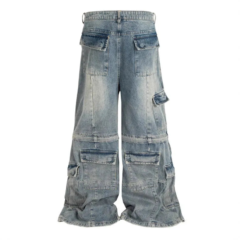 Detachable washed-out cotton overalls with multi-pockets and micro-pull fastening in black or blue