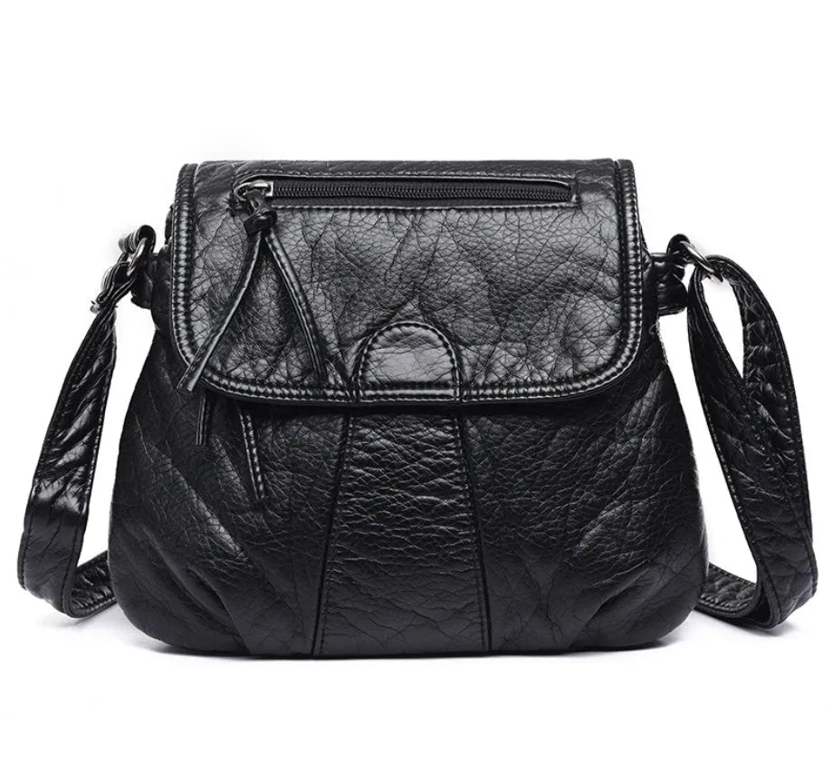 REPRCLA women's black crossbody messenger bag in soft PU leather, 25cm x 22cm x 3cm, two-layer design