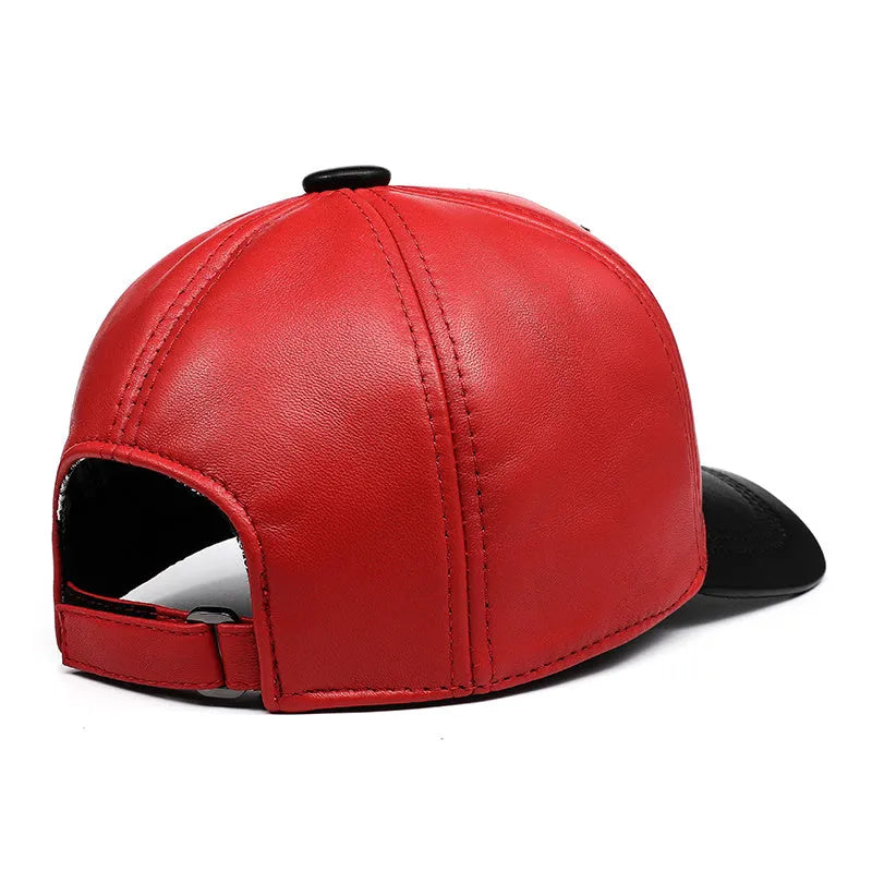 Lambskin genuine leather baseball cap, unisex adjustable one size, letter detail, blue black red options