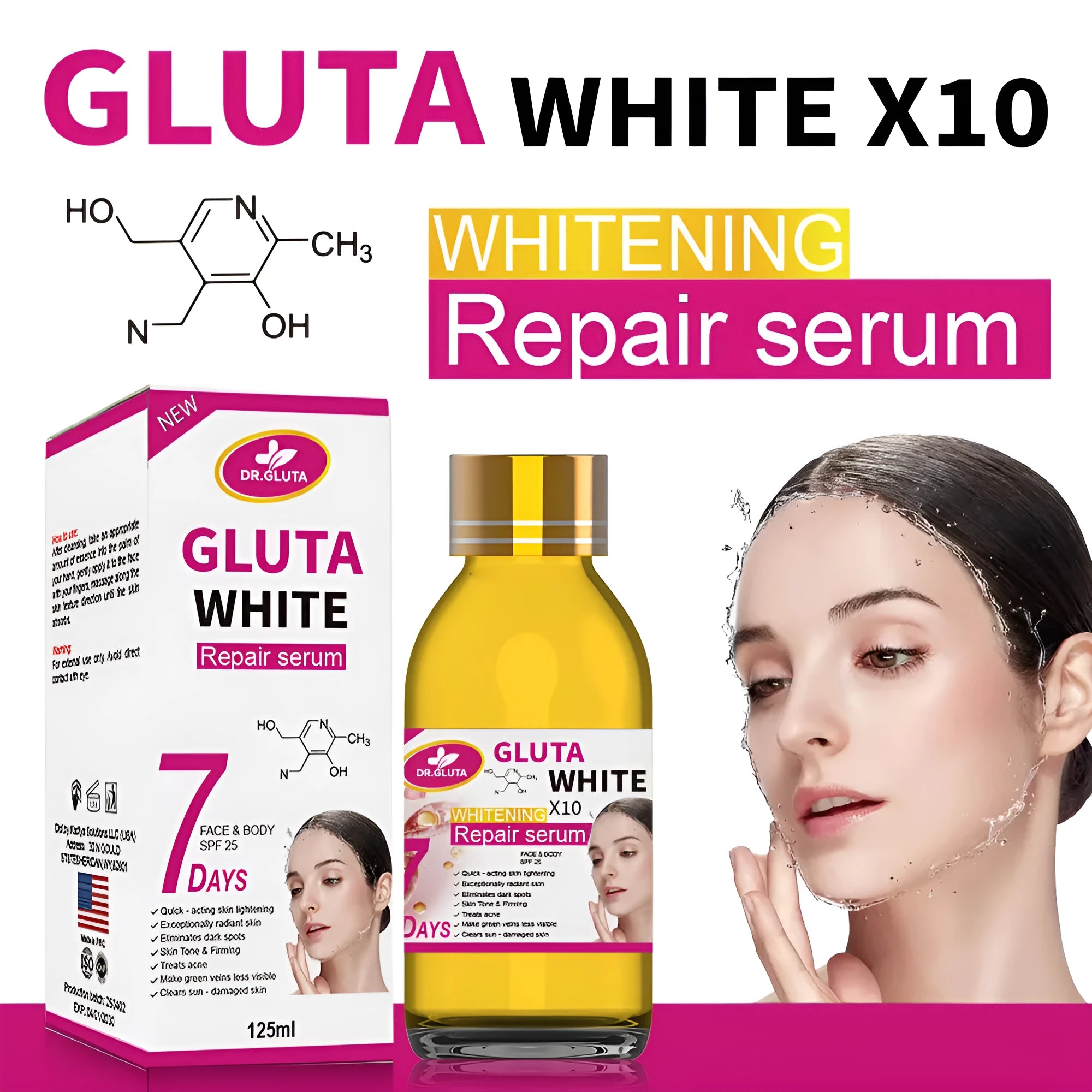 Glutathione Whitening Serum 125ml bottle for face brightening and anti-aging treatment