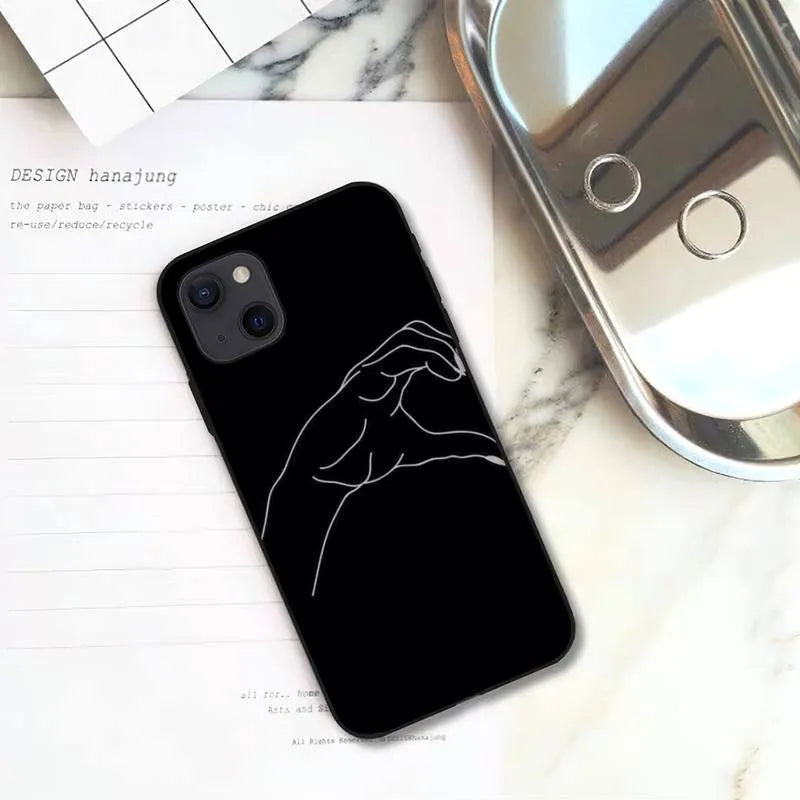 Black TPU phone case with white lines holding hands couple design, anti-fall back cover for Apple iPhone