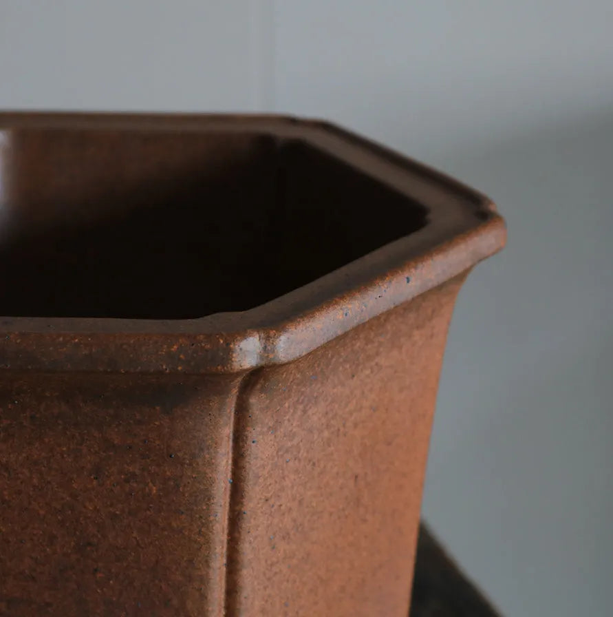 Antique-style hexagonal ceramic orchid bonsai pot in Squared Off Hexagon colour, handmade with purple sand craft