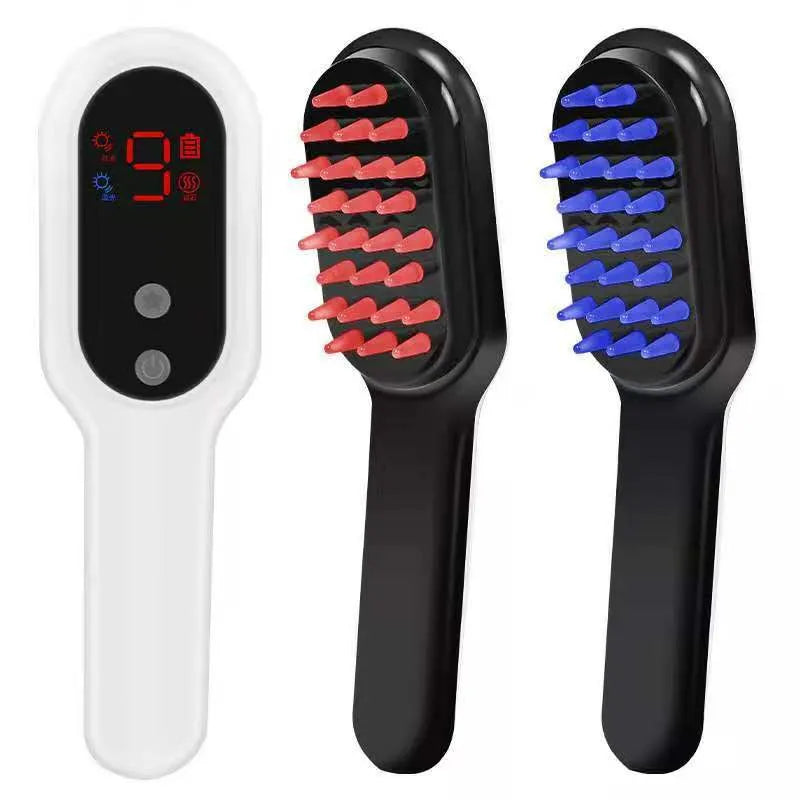 White electric head massager with red and blue light therapy, 26 soft contacts, LED display, and USB rechargeable battery