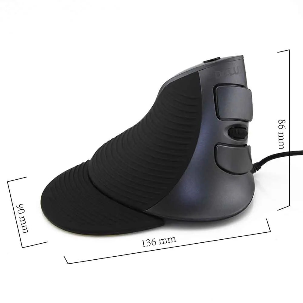 Vertical ergonomic wired optical mouse in black showing natural handshake positioning