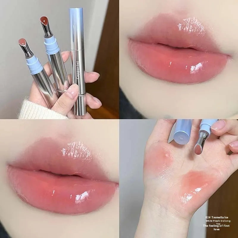 Mirror Water Light lipstick in six translucent ice shades on a white background.