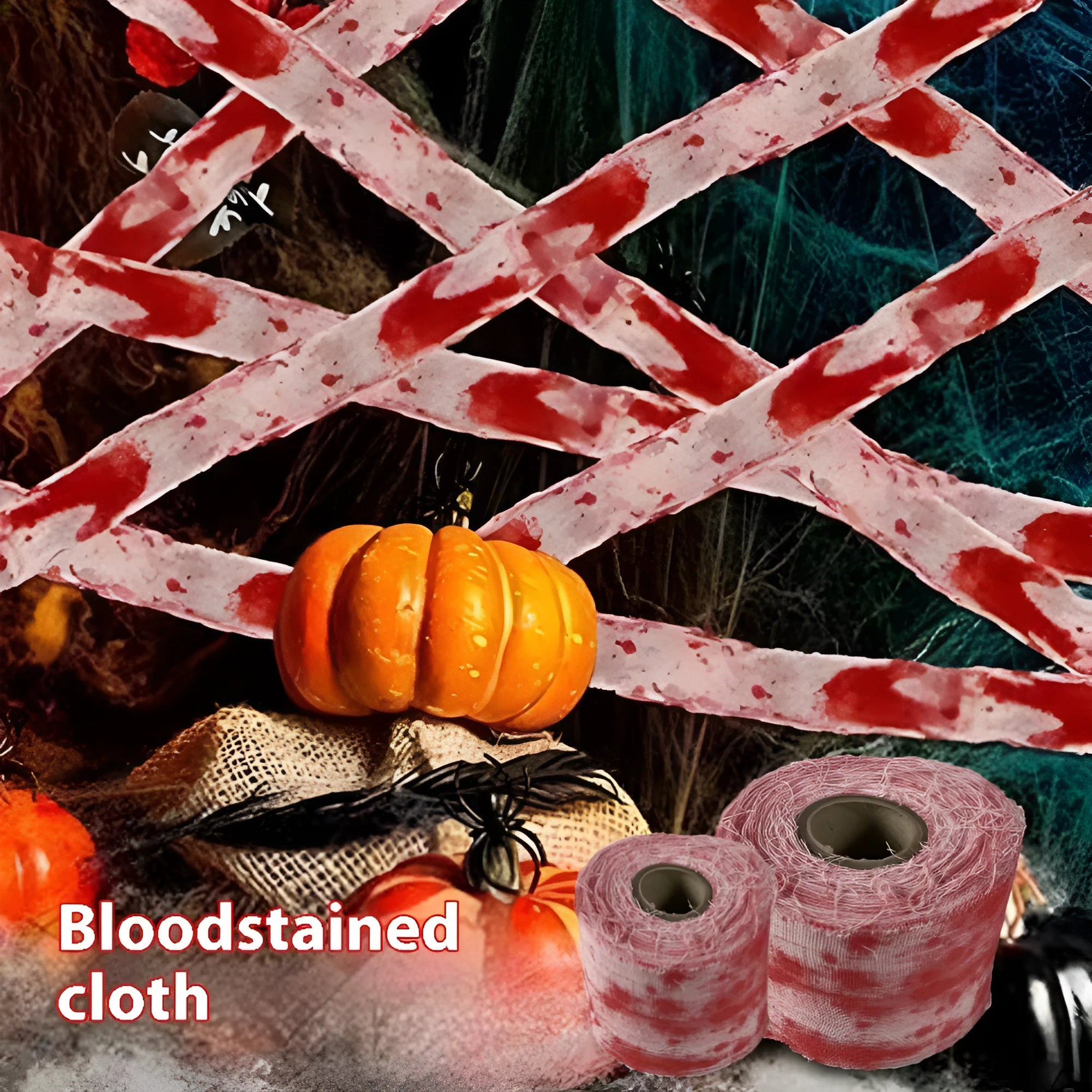 Halloween bloody dyed gauze bandage roll with 8cm width on wooden background