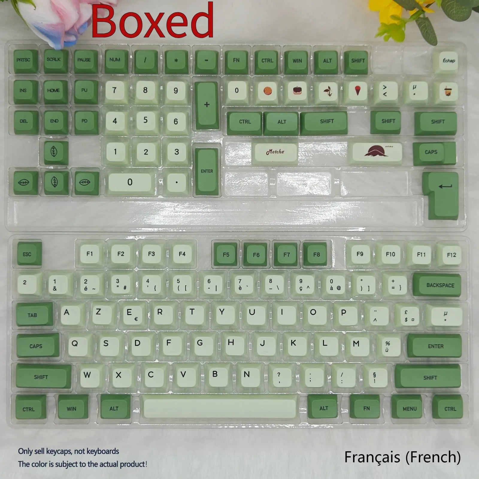 Matcha coloured PBT keycap set with 124 keys showing multiple language legend options