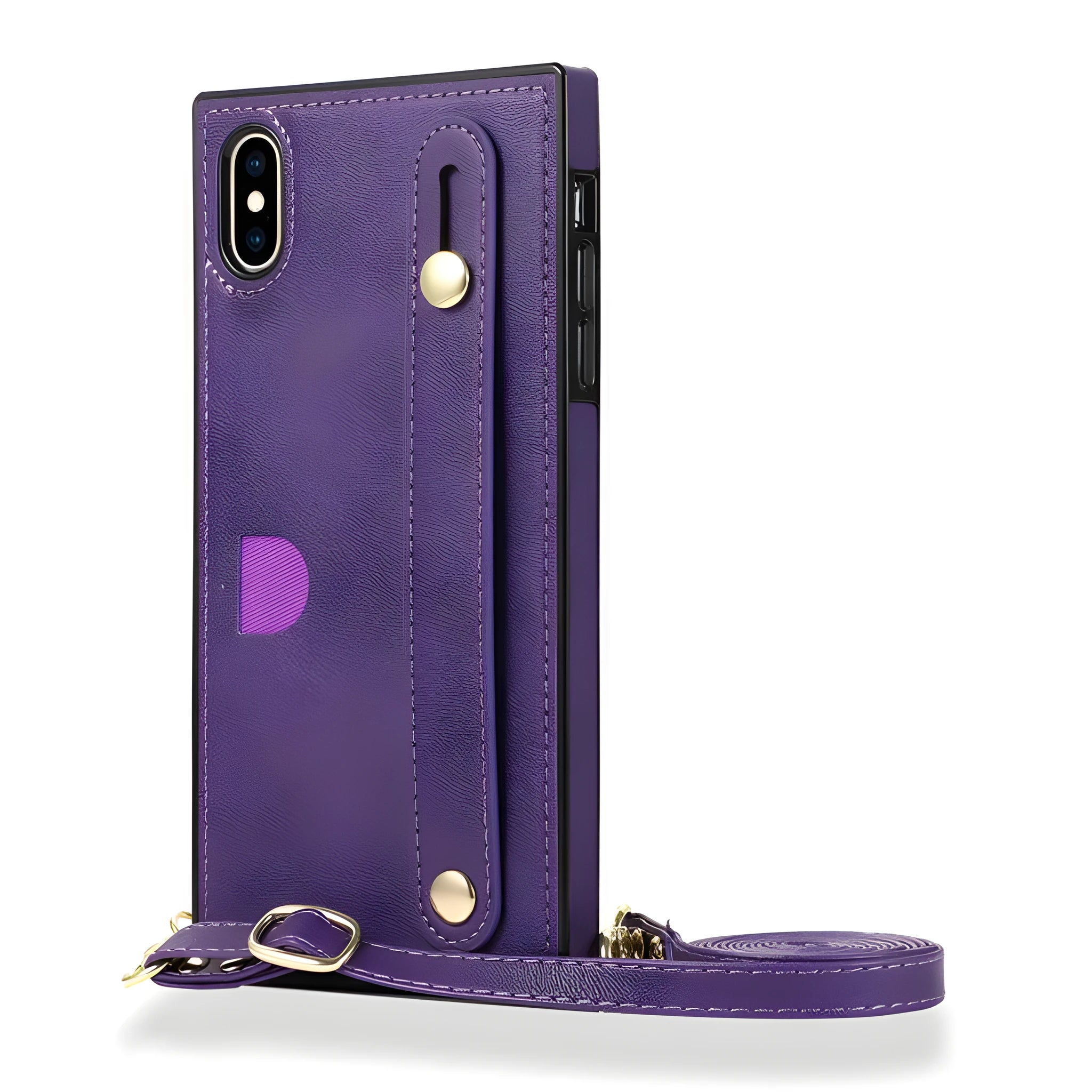 Black leather iPhone case with an attached wristband holster, shown next to a Red and a Rose Gold version.