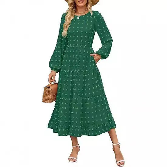 Women's beige high waist long sleeve dress with ruffled sleeves on a hanger.