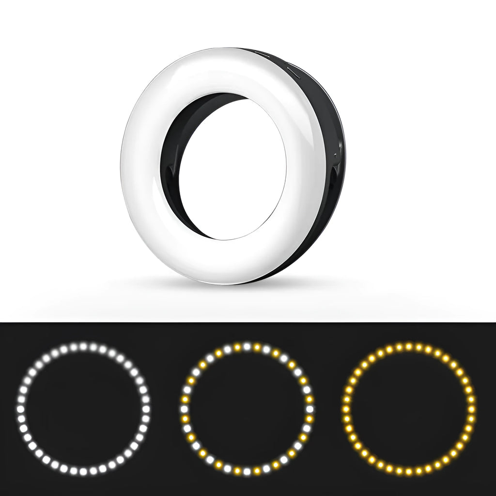 Black LED selfie ring light for mobile phones with adjustable brightness and USB charging port.