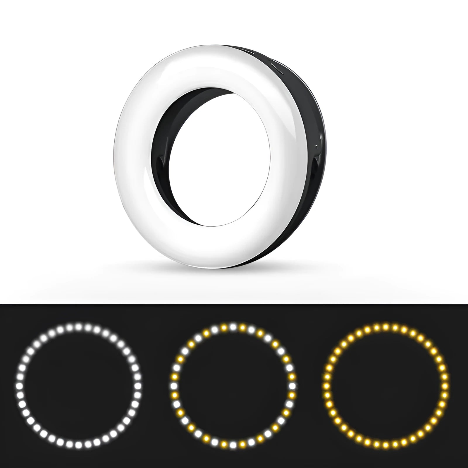 Black LED selfie ring light for mobile phones with adjustable brightness and USB charging port.