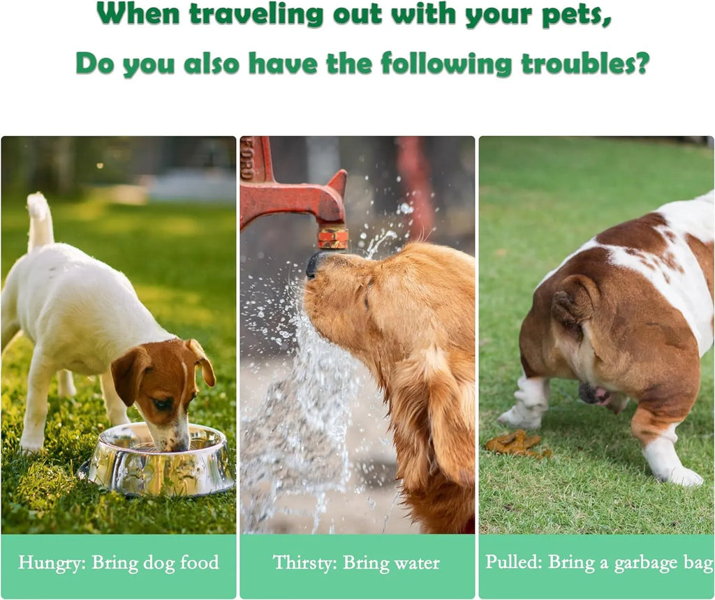 Green, pink, or white 3-in-1 portable pet water bottle with food container and bag dispenser.