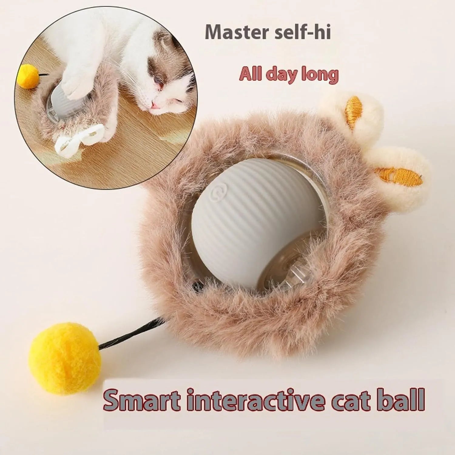 Automatic rolling ball pet toy in grey, green or red colours with attached string for interactive play