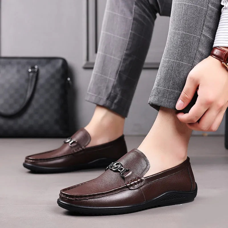 Men's leather casual shoes with rubber sole, round toe, breathable design, black or brown, sizes 38 to 48
