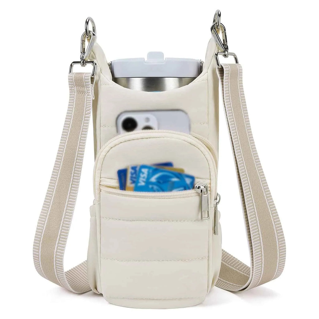 Fabric water bottle kettle bag mounted on bicycle frame in beige colour