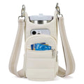 Fabric water bottle kettle bag mounted on bicycle frame in beige colour