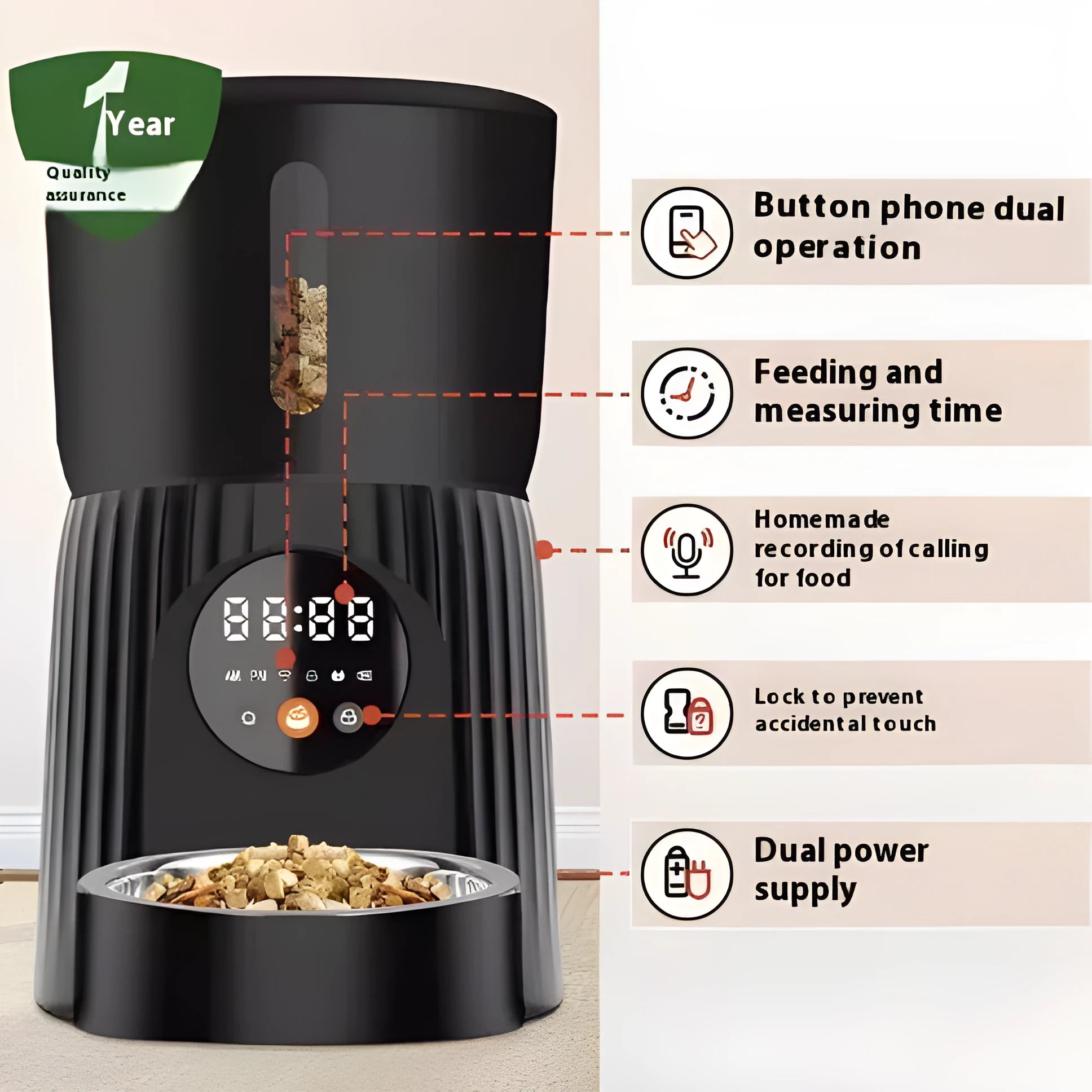 Black automatic pet feeder with digital timer display and food hopper.