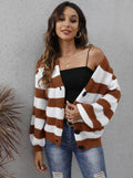 Women's striped deer plush cardigan sweater in blue, shown with button front and regular sleeves.