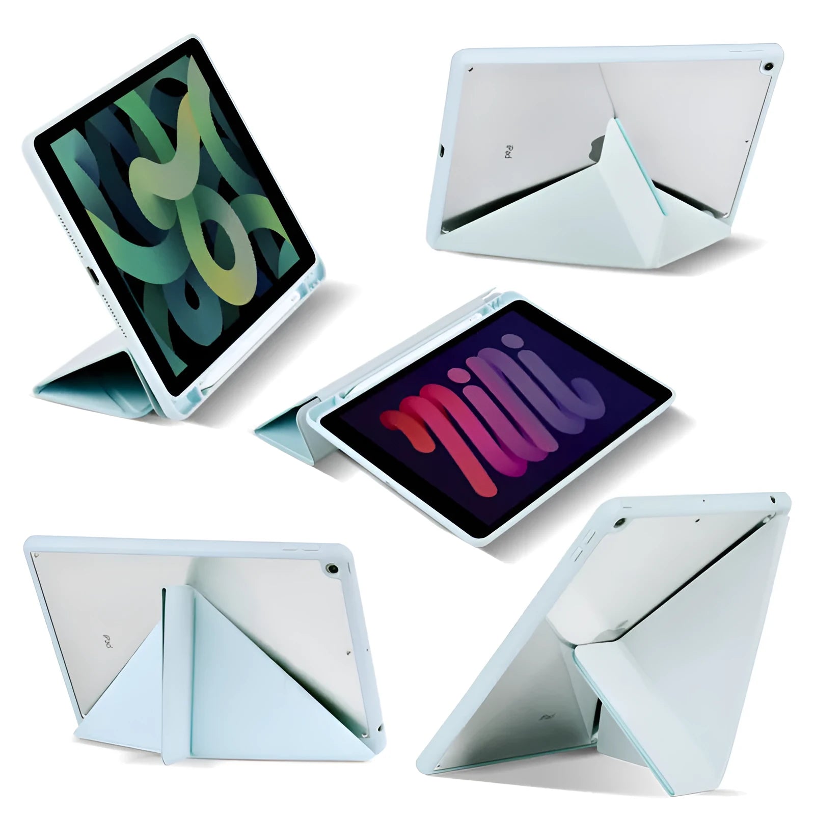 iPad leather case with folding stand open showing Apple Pencil slot and six colour options