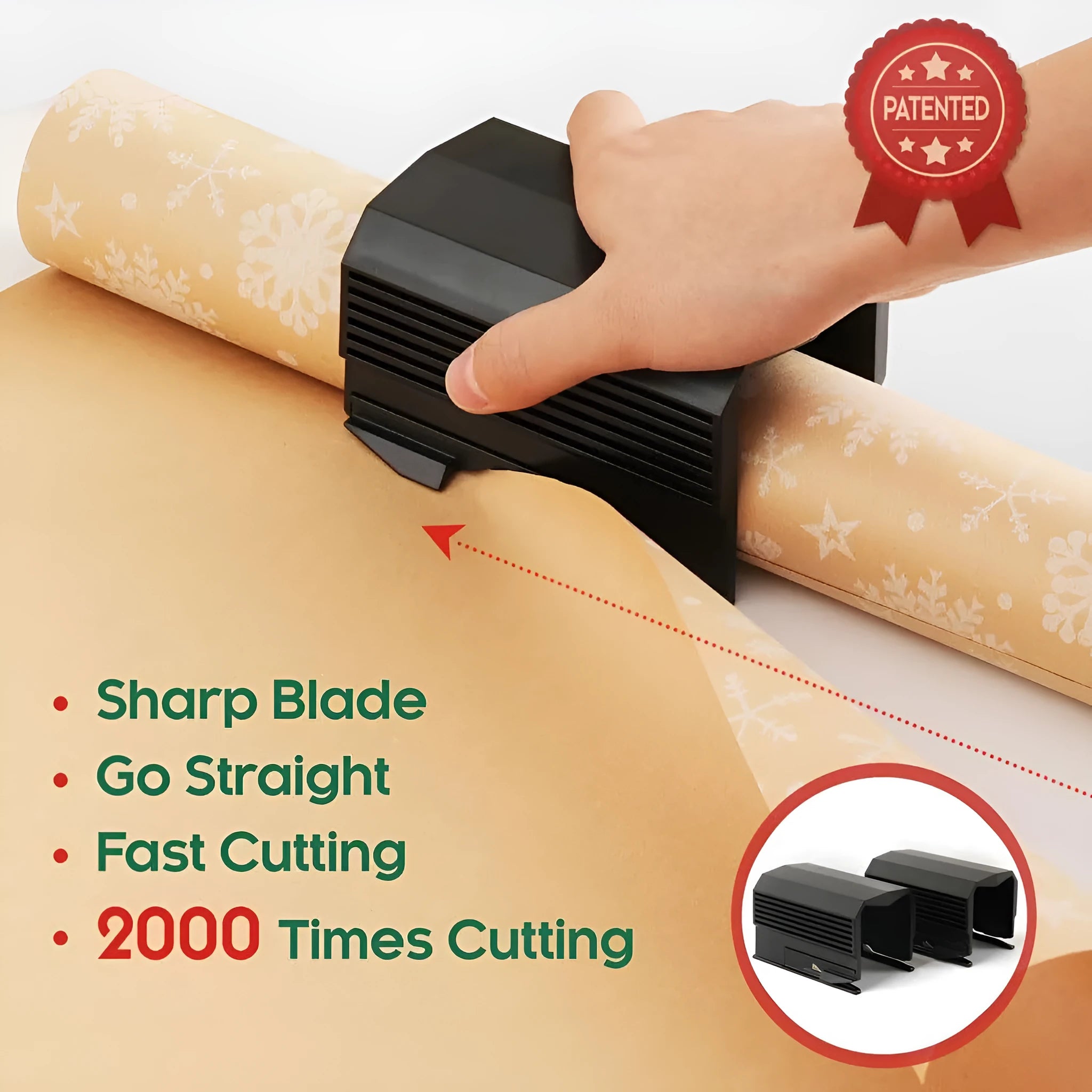 Plastic paper cutter for roll paper and scrolls in black, red, or green colour