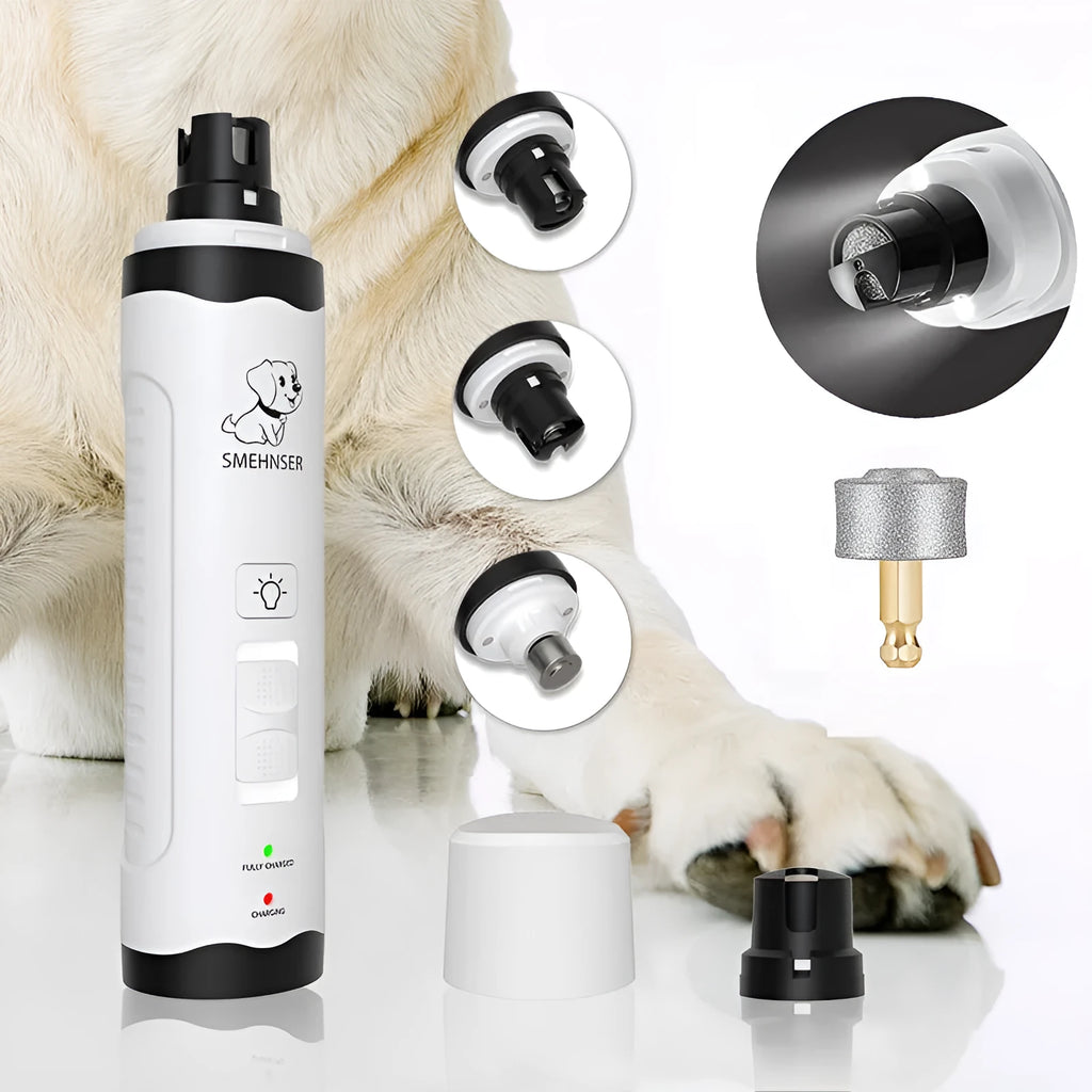 White electric dog nail trimmer with a grinding head, LED light display, and a dust collection compartment on a grey background.