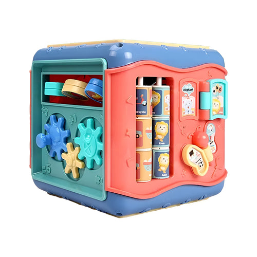 Six-sided baby educational toy with bead maze, gears, clock, and shape recognition activities
