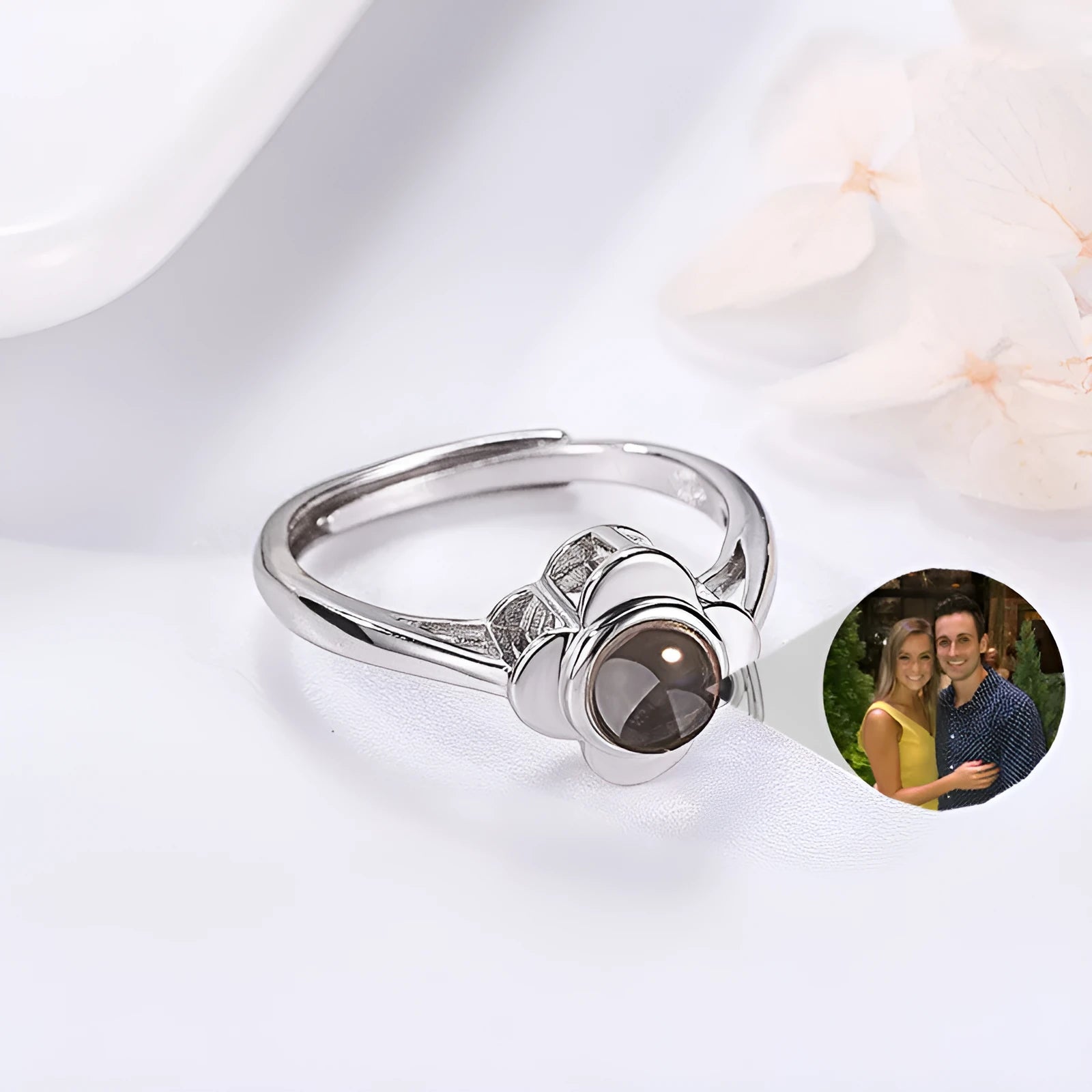 925 sterling silver adjustable projection ring with flower shape design and love stone projection feature