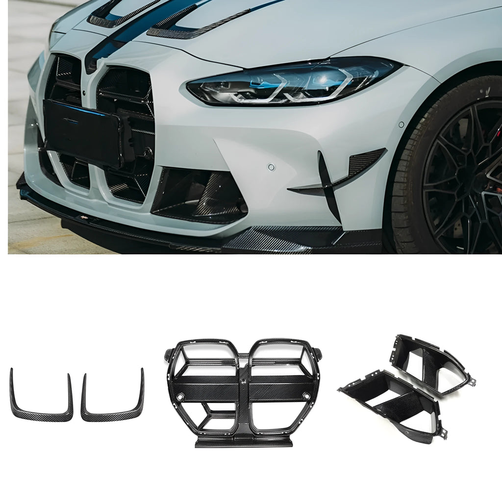 Dry carbon fibre front bumper grille for BMW M3 M4 G80 G82 models with 3K weave pattern
